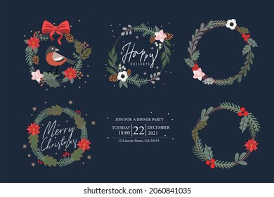 Christmas wreath vector set. Happy holidays greeting template.