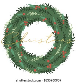 Christmas wreath vector. Square christmas banner, poster, greeting card, label. Illustration of Merry Christmas and Happy New Year with decoration on transparent background. 