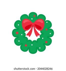 Christmas wreath vector. Winter garland adorned with red holly berries on green pine branches.
