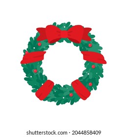 Christmas wreath vector. Winter garland adorned with red holly berries on green pine branches.