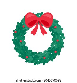 Christmas wreath vector. Winter garland adorned with red holly berries on green pine branches.