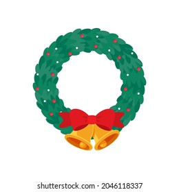 Christmas wreath vector. Winter garland adorned with red holly berries on green pine branches.