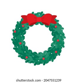 Christmas wreath vector. Winter garland adorned with red holly berries on green pine branches.