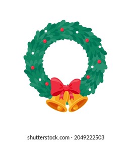 Christmas wreath vector. Winter garland adorned with red holly berries on green pine branches.
