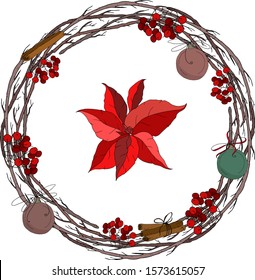 Christmas wreath with viburnum, Christmas balls, poinsettia and branches on an isolated background