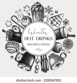 Christmas wreath in vintage style. Mulled wine, coffee, hot chocolate sketches. Hot drinks bar menu. Winter drinks and sweets frame template. Vector food background. Black and white illustration