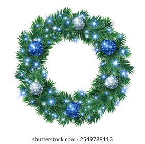 Christmas wreath with white and blue glitter ornaments. Silver glitter ring. Christmas tree decoration. Holiday garland, frame, realistic fir-tree branches. Transparent background in vector file