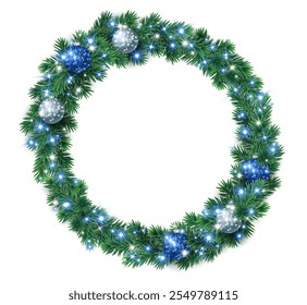 Corona de Navidades con adornos de brillo blanco y azul. Anillo de brillo de plata. Decoración del árbol de Navidad. Guirnalda de Festiva, marco, ramas de abeto realistas. Fondo transparente en el archivo de Vector