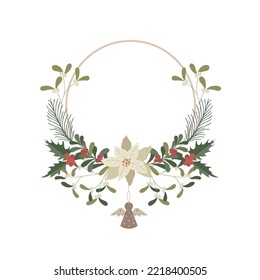 Wreath de Navidad con Poinsettia blanca. Ilustración vectorial.