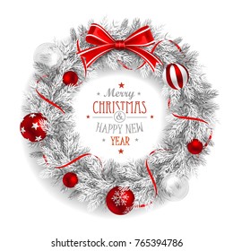 Christmas Wreath White with a red bow and balls isolated on white background. Vector illustration