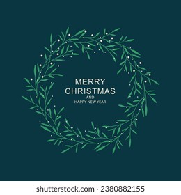 Christmas wreath with winter branches, greenery and snow. Frame for holiday card, invitation, packaging, background. Hand drawn vector template