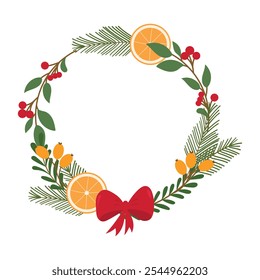 Christmas wreath with winter elements. Pine branches are decorated with red berries, orange slices and a bow. Winter frame with evergreens and berries. Holiday symbol. Vector illustration, flat style.