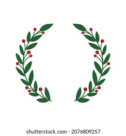 Christmas wreath with winter floral elements. Season greeting card.  Circle frame vector illustration isolated on white background.