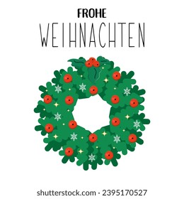 Christmas Wreath with winter floral elements on a white background. Season greeting card. Vector illustration in flat style. Holly berries and snowflakes on green pine branches. German christmas front