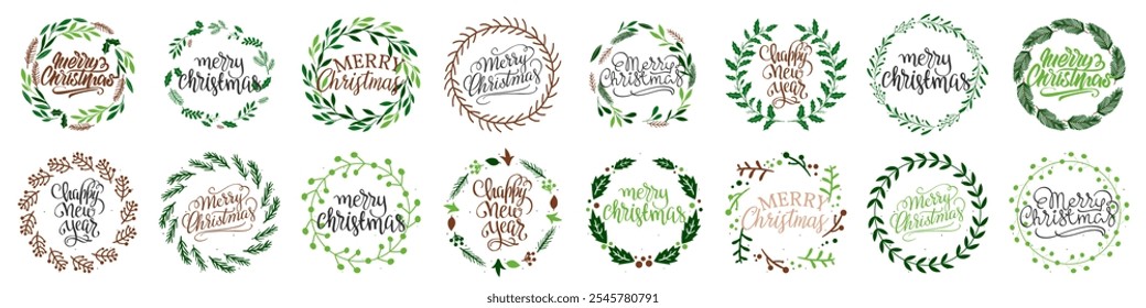 Christmas wreath with winter floral elements. Merry Christmas wreath with text