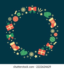 corona de Navidad. Elementos de vacaciones de invierno. Ilustración vectorial de objetos Xmas: caja de regalo, calcetín, copo de nieve, mitones, arco. Composición de Año Nuevo.