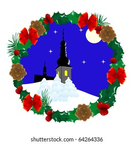 Christmas wreath with winter landscape inside