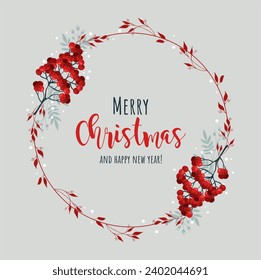 Christmas wreath with winter leaves and rowan berries. Forest, botanical, minimalistic floral