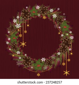 Christmas Wreath. Wood background with xmas wreath.