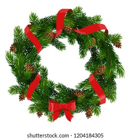 Christmas wreath of Xmas and New Year winter holidays decoration. Christmas tree round frame with red bow and ribbon, pine cones, fir and spruce evergreen plant branches, vector design