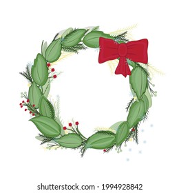 Christmas wreath.New Year vector illustration.Fir tree branch.Snowflares,red bow,green leaves.Isolated on white background.Beatiful element for desing.For holiday card,new year labes,print