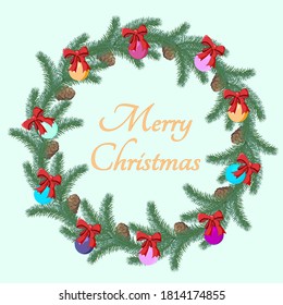 Christmas wreath.A wreath of fir branches and Christmas tree toys With the inscription Merry Christmas.Christmas card greeting banner design element.Flat vector illustration.