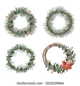 Christmas wreathes with floral elements. Eco winter decoration for the door. Vector flat cartoon illustration, isolated on white background. Perfect for greeting cards, invitation, wrapping paper, tag