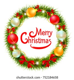 Christmas wreath,garland, balls,red bows, on a white