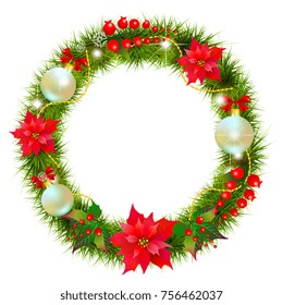 Christmas wreath,garland, balls,red bows, on a white