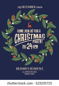 christmas wreath/garland christmas party invitation card template vector/illustration