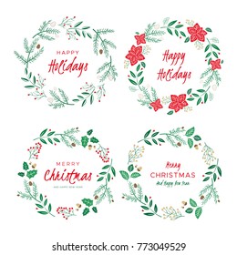 Christmas wreaths with berries, pine branches and fir cones. A set of round frames for winter design. Vector background