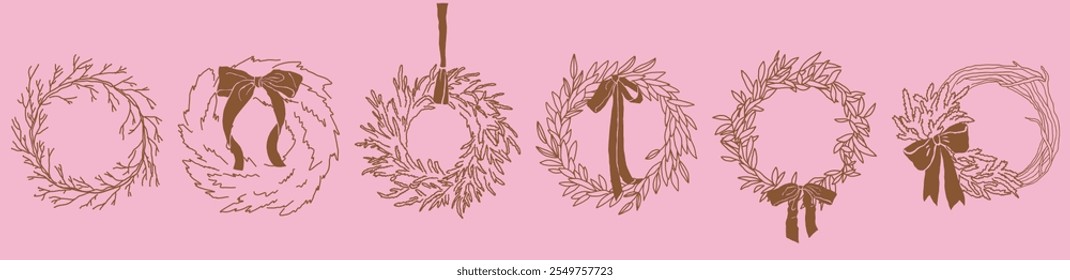 Christmas Wreaths Collection. Winter hand drawn line clipart. Whimsical festive vector doodles for stationery, menus, wall art, invitations. Ink chalk elements in elegance sketch style.	