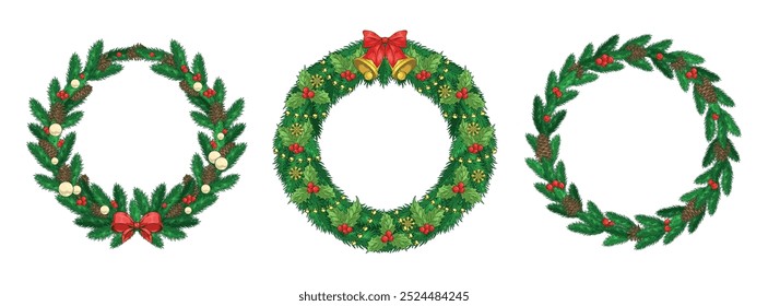 Christmas wreaths colorful set logotypes with fir branches in shape rings decorated with traditional xmas garlands and berries vector illustration