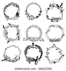 Christmas wreaths doodle design vector set, free hand drawing wreaths element 