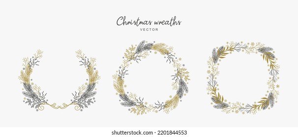 Christmas wreaths of fir branches,  leaves and snowflakes. Vector illustration