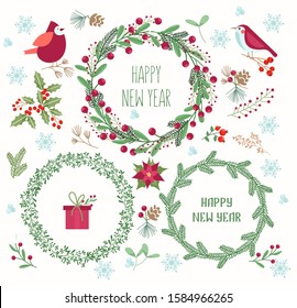 Christmas wreaths flat vector illustrations set. Traditional Xmas mistletoe and ilex decorations. Cartoon birds, cardinals on tree twigs. Blue snowflakes and poinsettia flower. New Year greetings.