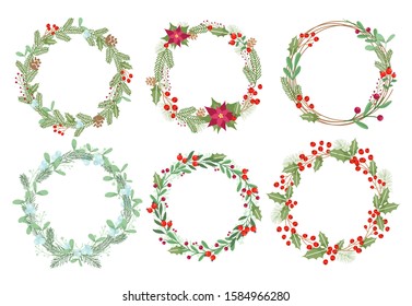 Christmas wreaths flat vector illustrations set. Traditional Xmas decoration with mistletoe, ilex and poinsettia flowers. Round botanical frames with text space. Winter season decorative elements.