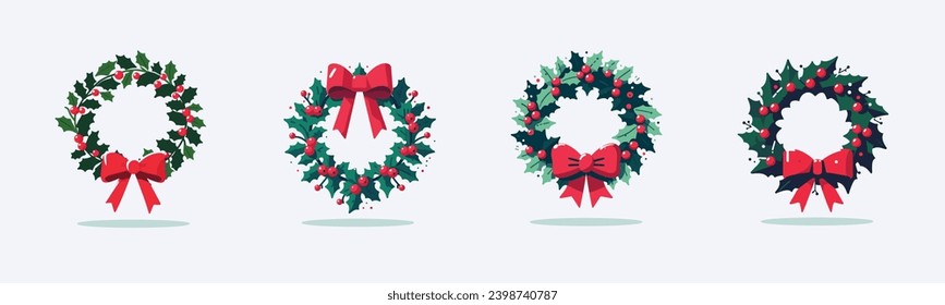 Christmas wreaths flat vector illustrations set. Traditional Xmas decoration with mistletoe, ilex and poinsettia flowers. Round botanical frames with text space. Winter season decorative elements.