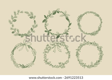 Christmas wreaths frames green hand drawn sketch set. Minimalist winter holiday elegant elements with evergreen tree branches, flower blooms, cones and mistletoe ornaments vector illustration