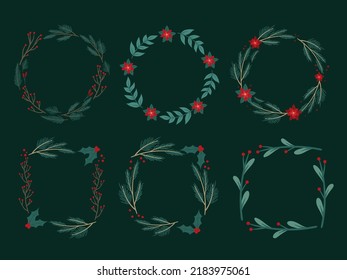 Christmas Wreaths Frames set. Six Square and Round holiday wreaths. Christmas Decoration Borders. Traditional Wreaths