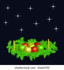 Christmas wreaths with fresh red both green apples and candles -  vector