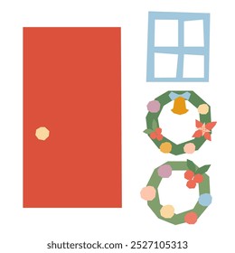 Christmas wreaths, front door and window vector set. Cute simple winter holiday illustrations isolated on white background in flat geometric collage style. Seasonal festive elements for cards, design