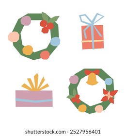 Christmas wreaths and gift boxes vector set. Cute simple festive winter illustrations isolated on white background in flat geometric collage style. Seasonal Happy New Year design, retro color palette