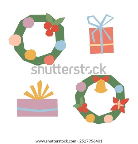 Christmas wreaths and gift boxes vector set. Cute simple festive winter illustrations isolated on white background in flat geometric collage style. Seasonal Happy New Year design, retro color palette