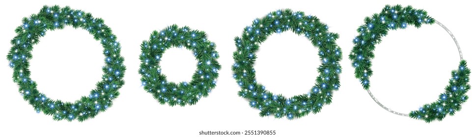 Christmas wreaths with glowing blue Christmas lights. Christmas tree decoration. Holiday fir tree garland. Festive winter season frame, realistic spruce branches. Transparent background in vector file