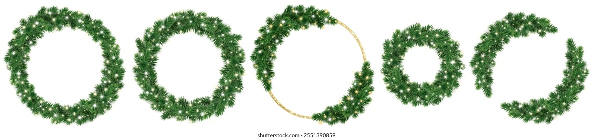 Christmas wreaths with glowing Christmas lights. Golden glitter ring. Christmas tree decoration. Holiday garland. Festive frame, realistic fir-tree branches. Transparent background in vector file