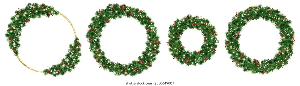 Christmas wreaths. Holly berry and Christmas lights decoration. Golden glitter ring. Christmas tree holiday garland. Festive frame, realistic fir-tree branches. Transparent background in vector file.