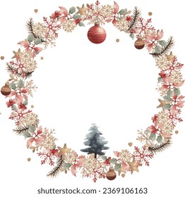 Christmas wreaths, lovely ornaments with watercolor illustrations