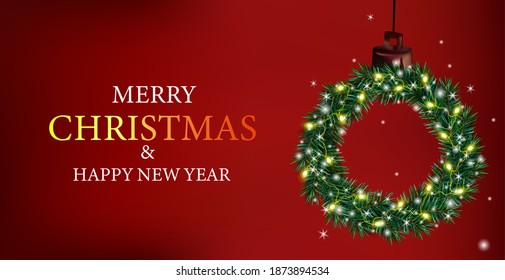 A Christmas wreaths made of pine branches decorated with light garland and shiny sparkles. Green Christmas wreaths for your design. New Year and Christmas design. Vector illustration. 