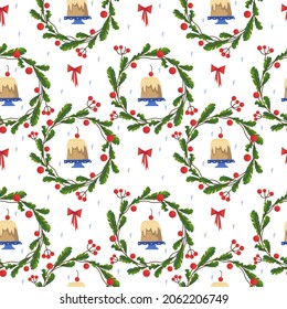 Christmas wreaths with red berries and bows, strudel with cherries. Seamless pattern for the New Year. Christmas illustrations in cartoon childrens style.